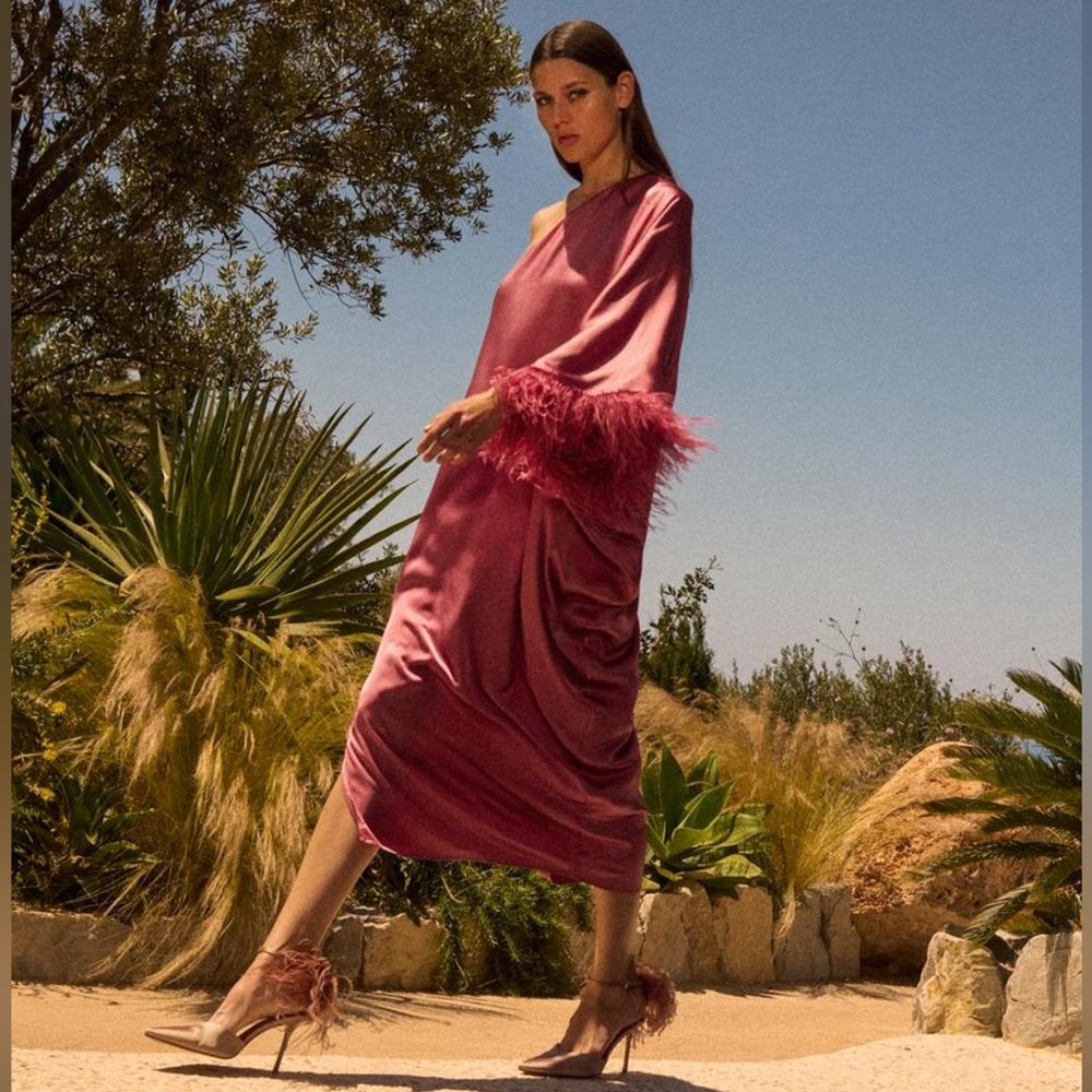 NWT Zara Pink One-Shoulder Dress with Feather Trim, XS